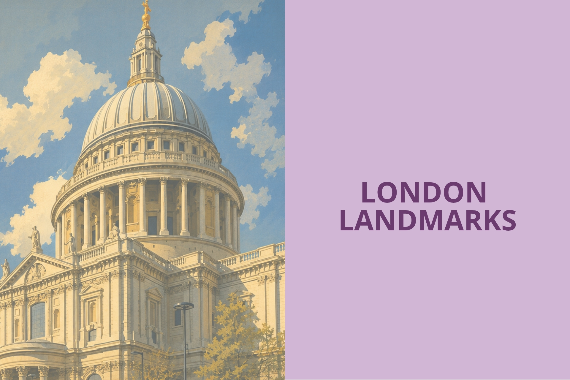 Image shows vintage style illustration of St Paul's Cathedral in front of ablue sky with white fluffy clous. Text says "London Landmarks"