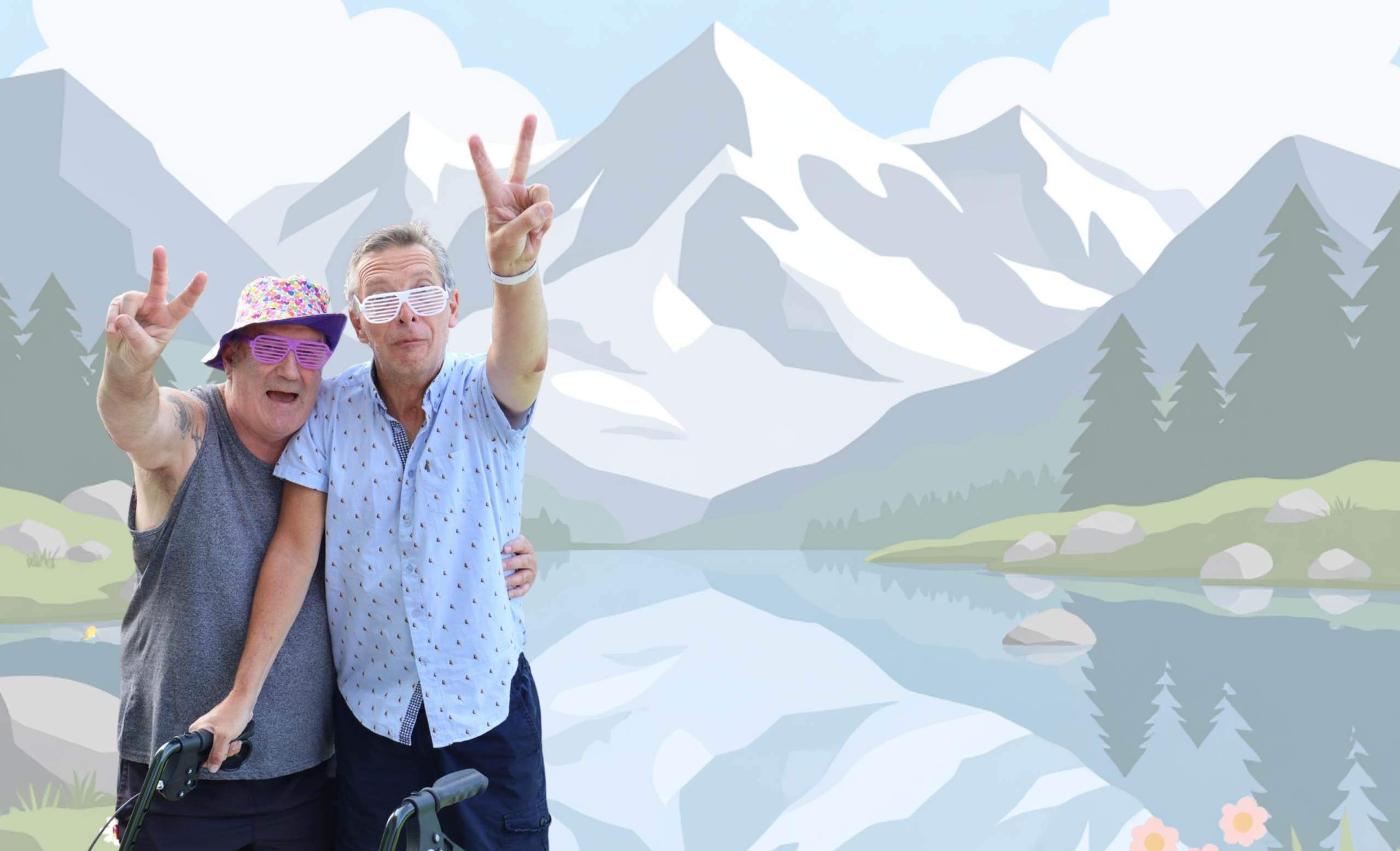 Image shows an illustration of mountains and lake. In front stands a photo image of two people wearing sunglasses who have their arms raised in celebration. One person is using a walking stroller.
