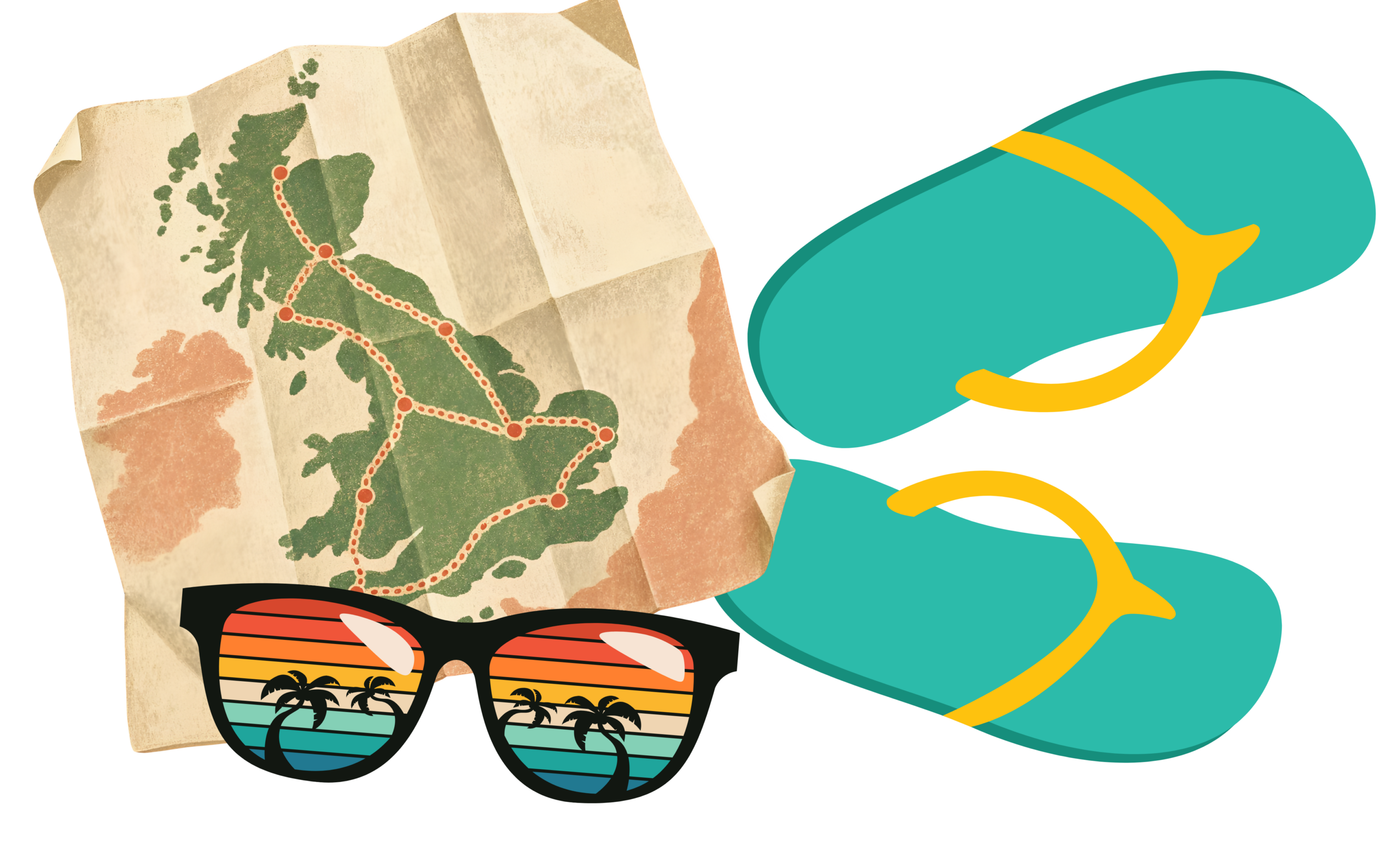 Image shows illustration of an old map, sunglasses and bright green flip flops