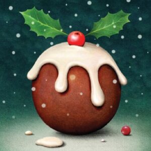 Image shows a design of a round Christmas pudding with brandy butter and holly on top