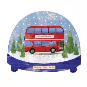 Image shows an illustration of a blue snowglobe that has a red bus in a snowy scene inside