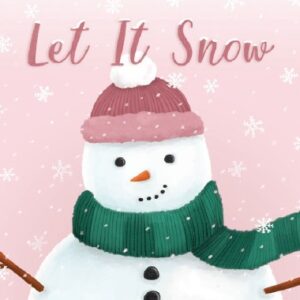 Image shows an illustration of a smiling snowman wearing a pink bobble hat and dark green woolly scarf