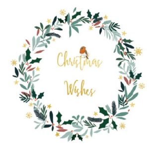 Image shows an illustration of a holly wreath with the words "Christmas Wishes" inside in gold. A Robin is sitting on the words