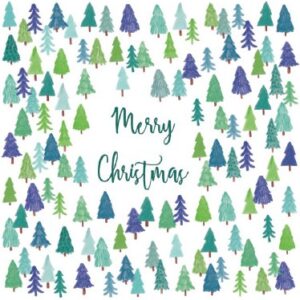 Image shows an illustration of a forest of blue and green Christmas Trees around the word Merry Christmas