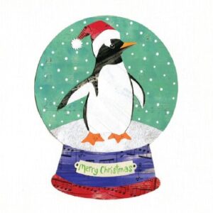Image shows a green snowglobe with a snowy scene of a penguin