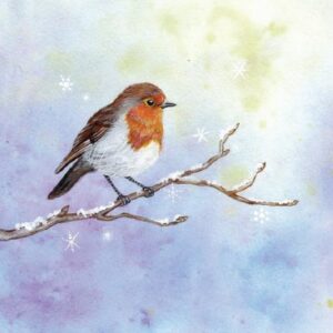 Image shows a painting of a Robin on a bare branch in front of a starry light blue sky